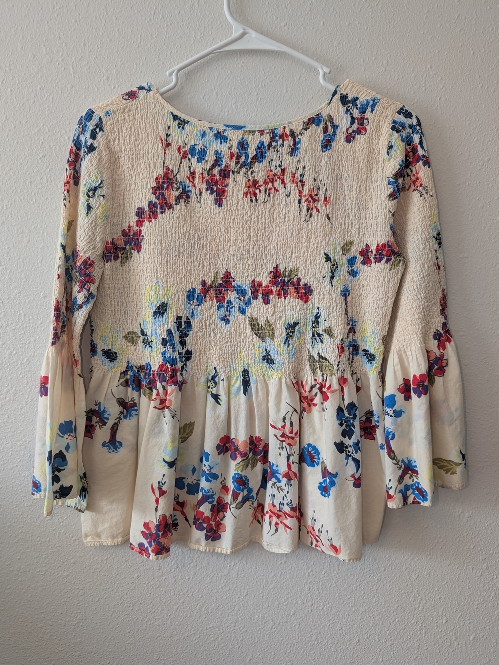 Jane and Delancey Cream Floral Smocked Peasant Top with Blue & Red Accents - Picture 4 of 4